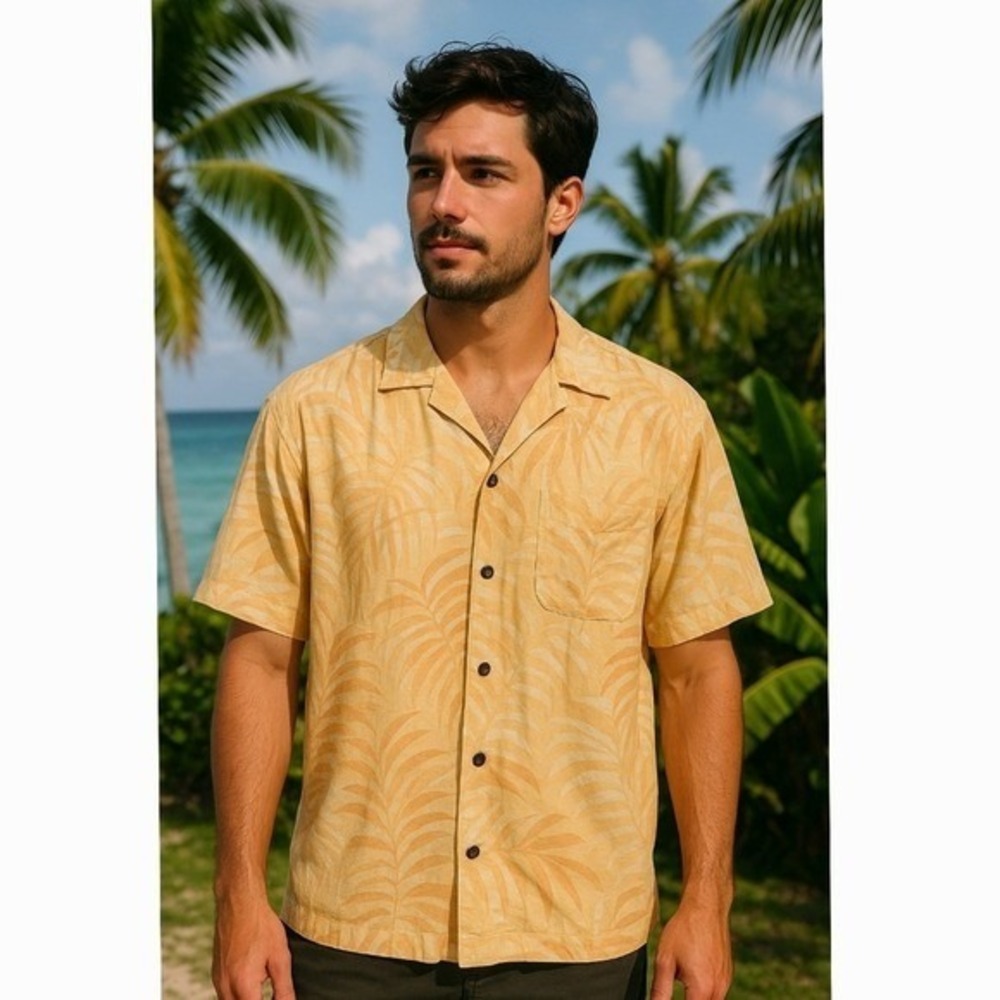 Tommy Bahama 100% Silk Orange Beige Leaf Print Short Sleeve Shirt Men's Size L